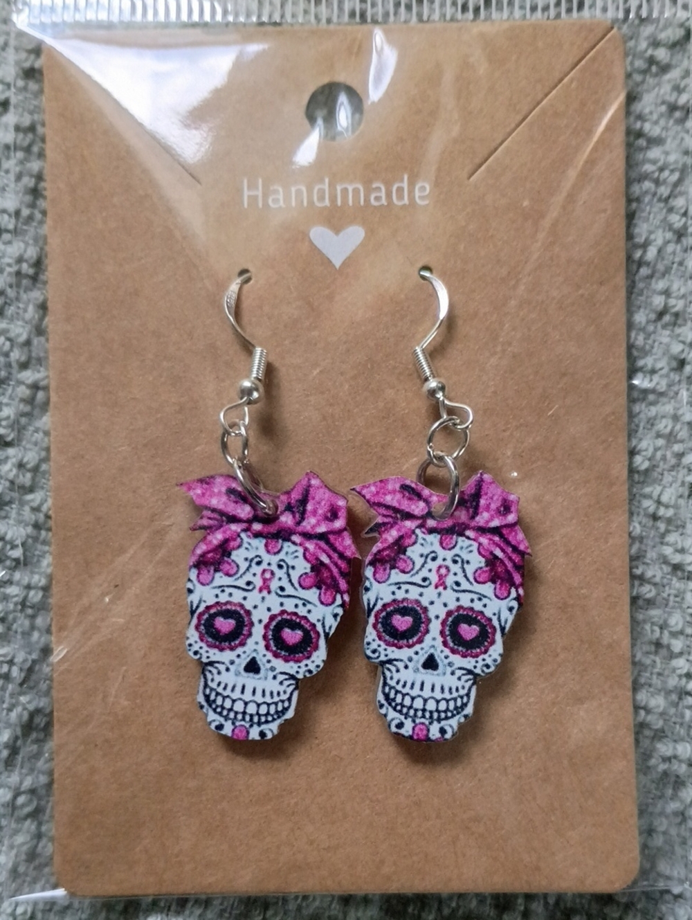 Handmade Pink Sugar Skull Dangle Earrings